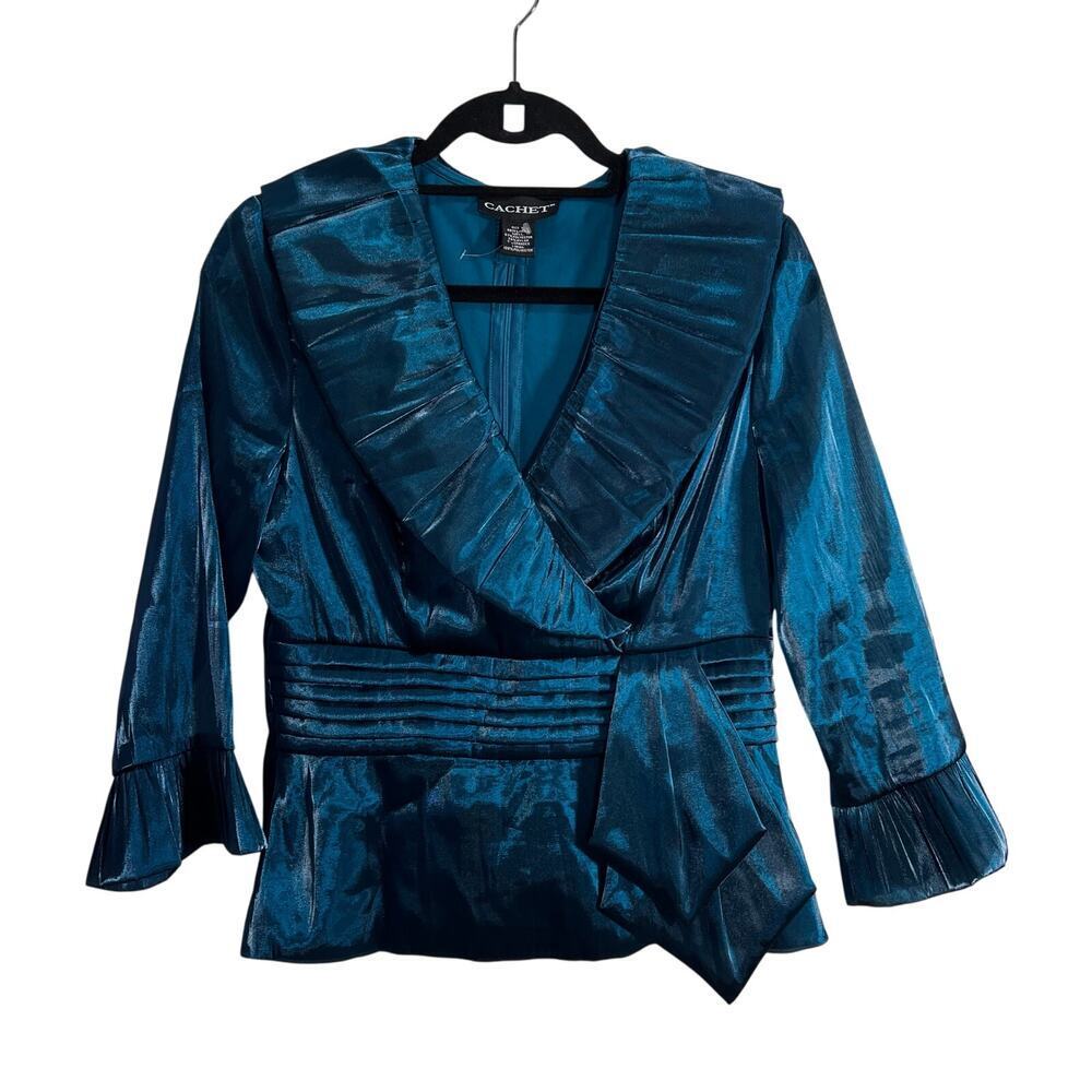 Cachet Teal Blue Evening Blouse Size 10 Shimmer Formal Fancy Sheer Classy